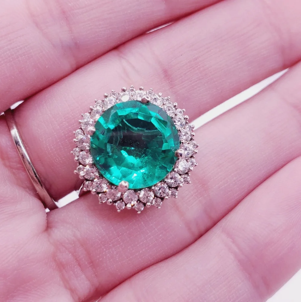 Emerald Green Quartz & White Zircon Halo Ring Platinum - 925 Sterling Silver